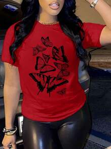 VaVaBold Camiseta deportiva informal oversize con estampado de mariposa para mujer - Rojo - Ver 1