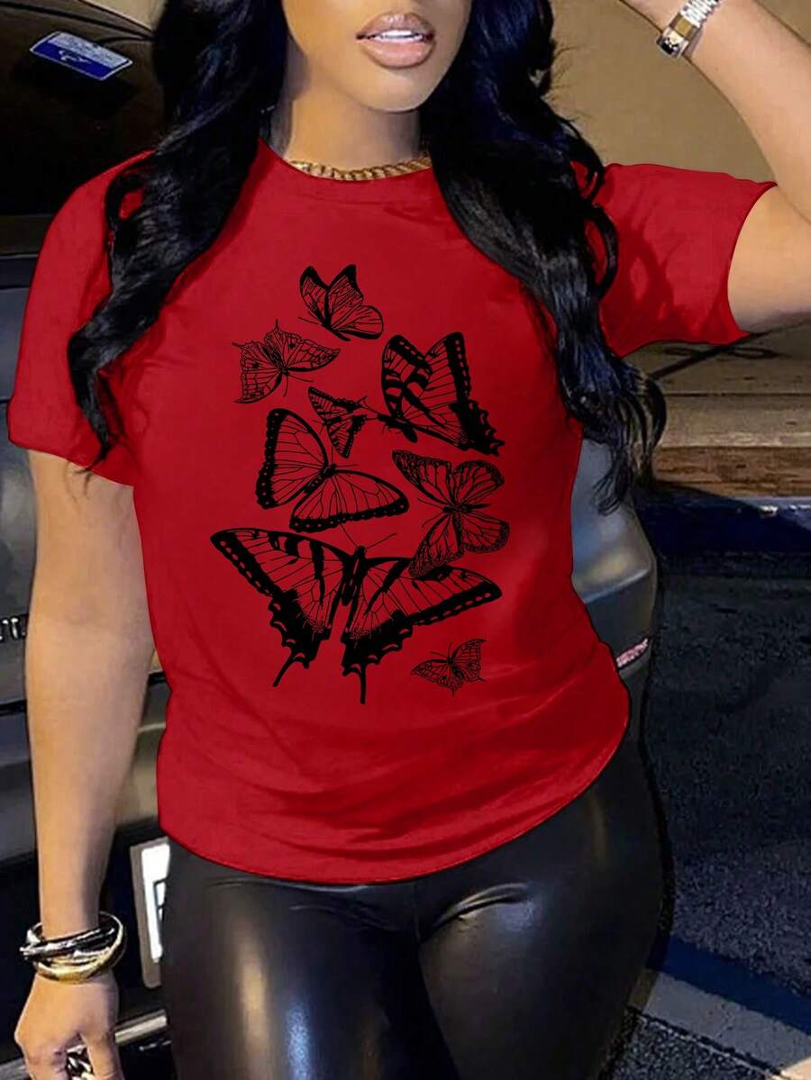 VaVaBold Camiseta deportiva informal oversize con estampado de mariposa para mujer - Rojo - Ver 1