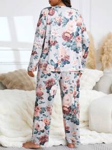 花卉印花圆领长袖长裤睡衣睡衣套装，加大码 - 彩色 - 查看 2
