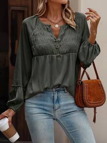 Women's Solid Color Pleated Casual Long Sleeve T-Shirt, Spring Autumn