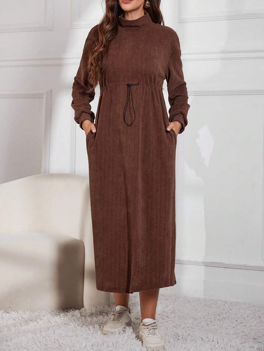 Mulvari 女士秋冬高领麦穗纹理针织休闲连衣裙长款女装 - 咖啡 - 查看 1