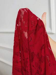 SHEIN Lady 2 件女士时尚优雅蕾丝夹克和白色紧身连衣裙套装 - 酒紅色 - 查看 5
