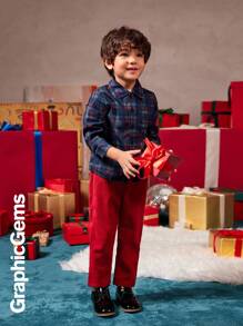 2 件套年轻男孩格子衬衫和红色西装裤套装，圣诞绅士装