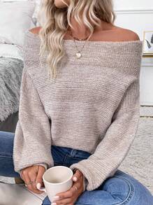 SHEIN Clasi Áo len dài tay trễ vai thả vai thường ngày cho nữ vào mùa thu/đông - Màu Khaki - Xem 6