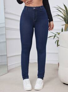 SHEIN Tall Front Button Basic High Waist Skinny Jeans, Casual Everyday Wear - Dark Wash - View 4
