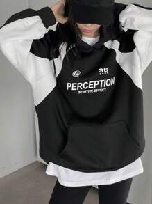 DAZY Áo nỉ trùm đầu họa tiết chữ màu phong cách đường phố rộng rãi dành cho nữ, áo dài tay, quần áo mùa thu, mùa đông - màu đen - Xem 6