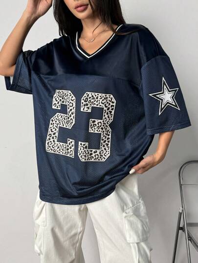 SHEIN EZwear Navy Blue Mesh Printed T-Shirt For Women