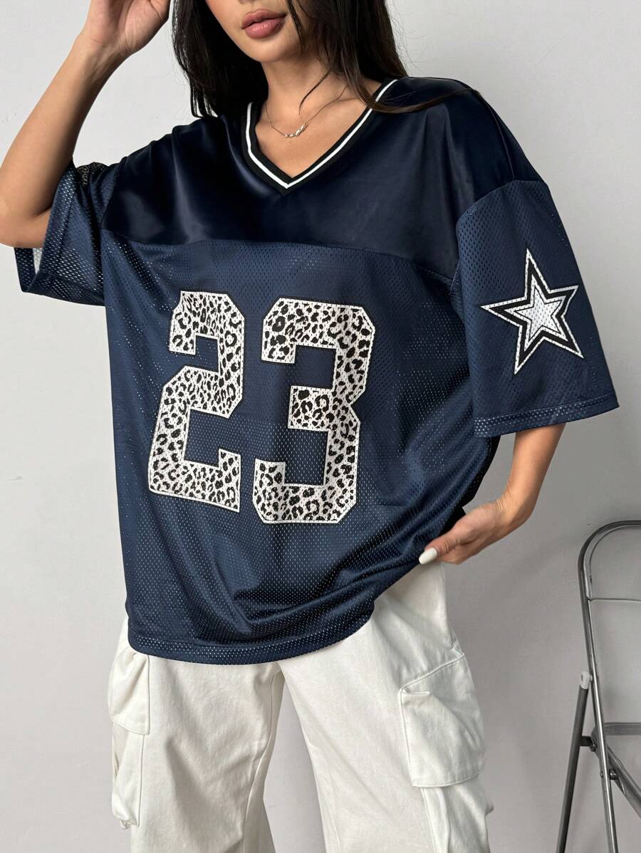 SHEIN EZwear Navy Blue Mesh Printed T-Shirt For Women - Navy Blue - View 1