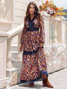 SHEIN VCAY 女士节日花卉印花撞色蕾丝灯笼袖连衣裙 - 彩色 - 查看 5