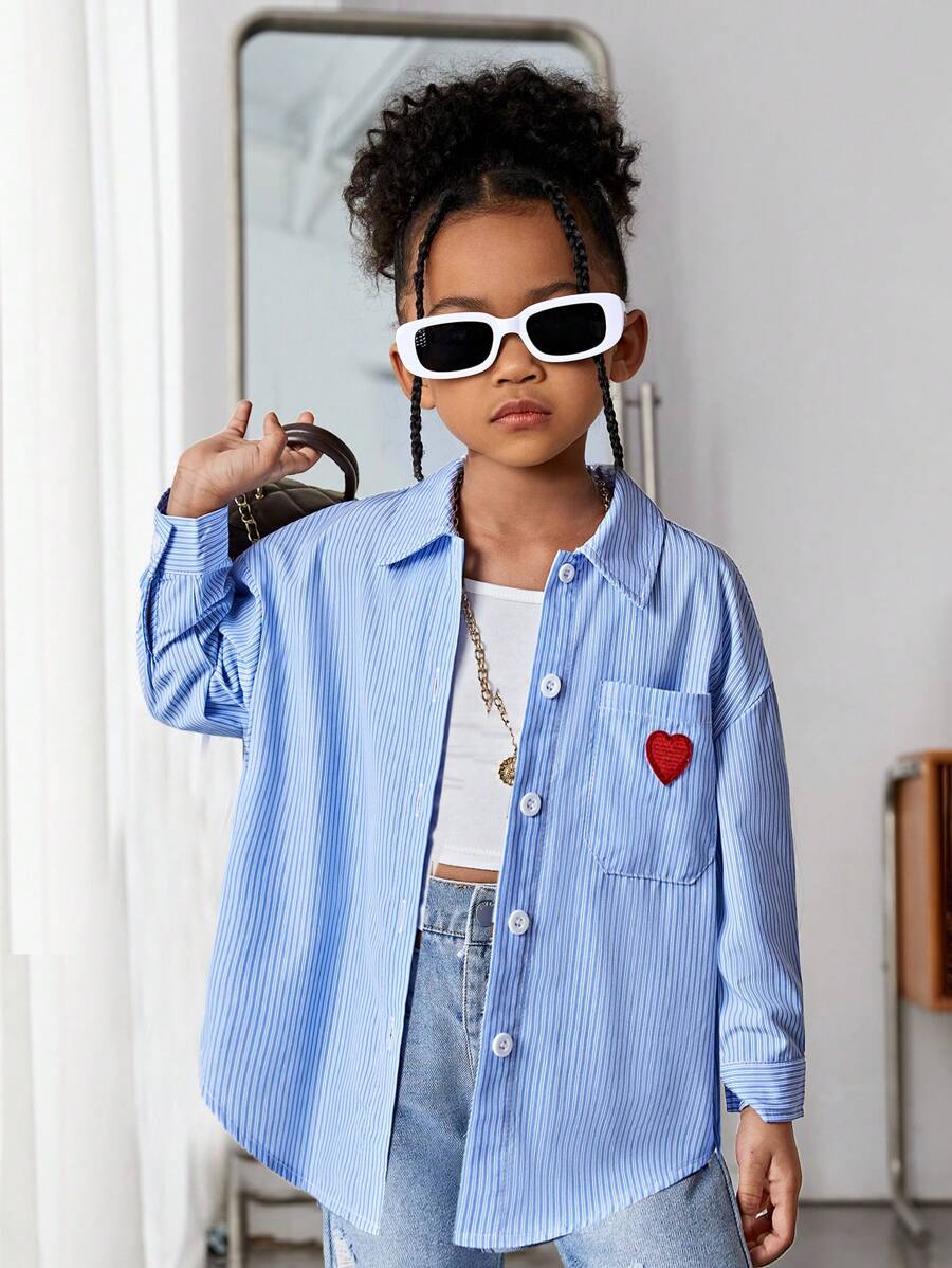 SHEIN Leap Crew Áo sơ mi sọc vai thả thêu hình trái tim cho bé gái, thích hợp mặc thường ngày & đi học hàng ngày vào mùa hè & mùa thu - Nhiều màu - Xem 1