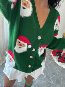 Chiquease Christmas Women's Santa Claus Portrait V-Neck Knitted Cardigan,Three Quarter Sleeve Tops - Green - View 6