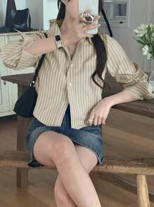 DAZY Women's Striped Form-Fitting Cropped Long Sleeve Shirt, Beige, Spring/Autumn,Fall Women Clothes