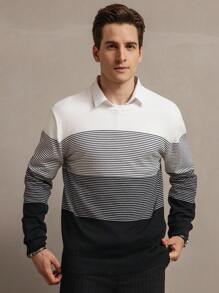 Manfinity Homme Áo len nam cổ tròn dài tay kẻ sọc thường ngày, Thu/Đông - màu đen - Xem 5