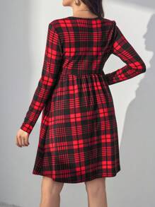 SHEIN Váy bầu ngắn tay dài kẻ caro đỏ lớn cho phụ nữ - Đỏ - Xem 2