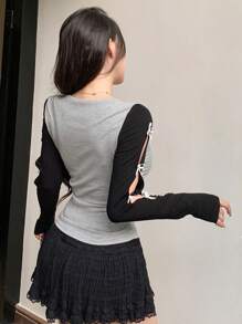 DAZY 女式拼色蝴蝶结装饰长袖T恤，秋季服装 - 灰色 - 查看 5