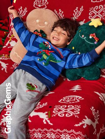 2pcs Young Boy Christmas Dinosaur Striped Sweatshirt And Sweatpants 2 Pieces Set
