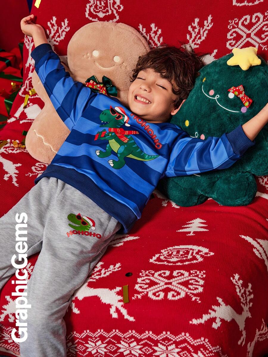 2 件套小男孩圣诞恐龙条纹运动衫和运动裤 2 件套