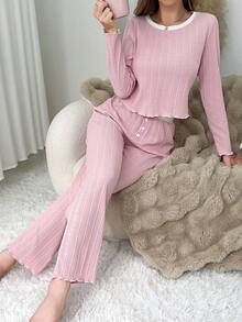 2pcs Contrast Color Casual Autumn Women's Loungewear Set - Burgundy - View 5