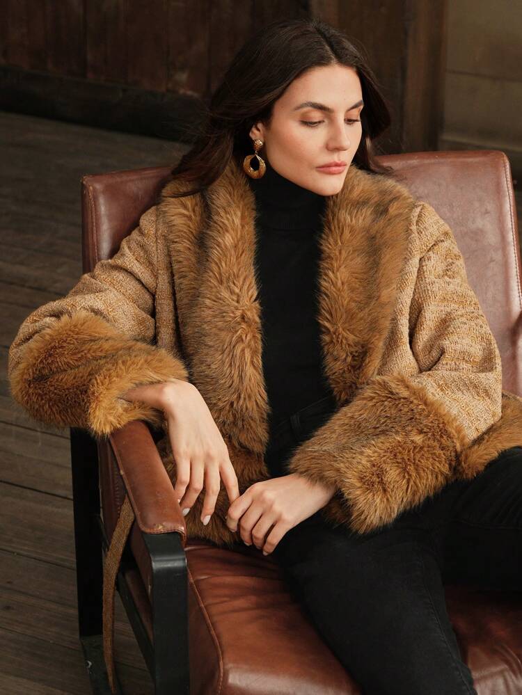 Solid Color Fuzzy Panel Long Sleeve Tie Front Minimalist Jacket, Casual Daily Wear