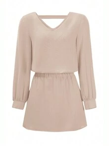 Solid Color Long Sleeve V-Neck Casual Dress - Apricot - View 6