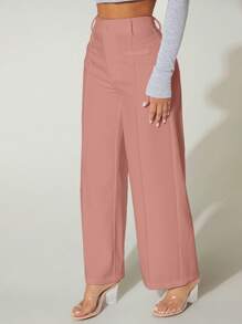 SHEIN PETITE Pantalón de vestir de pierna ancha y cintura alta para verano - Rosa vieja - Ver 4