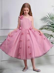 SHEIN Tween Girls Party Dress Ethereal Mori Style Petal Design Princess Dress, Girls Dance Stage Performance Host Long Gown Suitable For Halloween, Christmas, Easter And Other Holidays - Pink - View 1