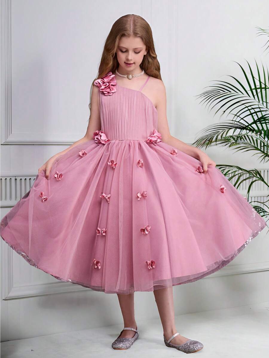 SHEIN Tween Girls Party Dress Ethereal Mori Style Petal Design Princess Dress, Girls Dance Stage Performance Host Long Gown Suitable For Halloween, Christmas, Easter And Other Holidays - Pink - View 1