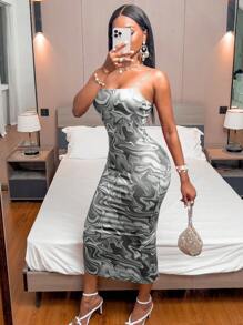 SHEIN Clasi 1 件女式夏季大理石印花修身吊带背心连衣裙（印花随机搭配）长款女装