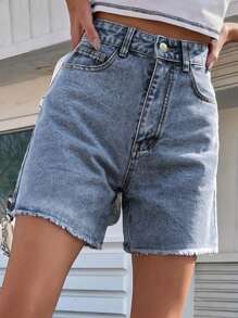 SHEIN Frenchy 女式休闲牛仔短裤，带口袋和磨损下摆 - 淺色水洗藍 - 查看 1