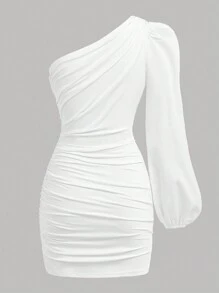 Tween flickor vit asymmetrisk hals Ruched Bodycon puffärm Elegant partycocktail miniklänning, lämplig för bröllop och evenemang - Vitt - Visa 6