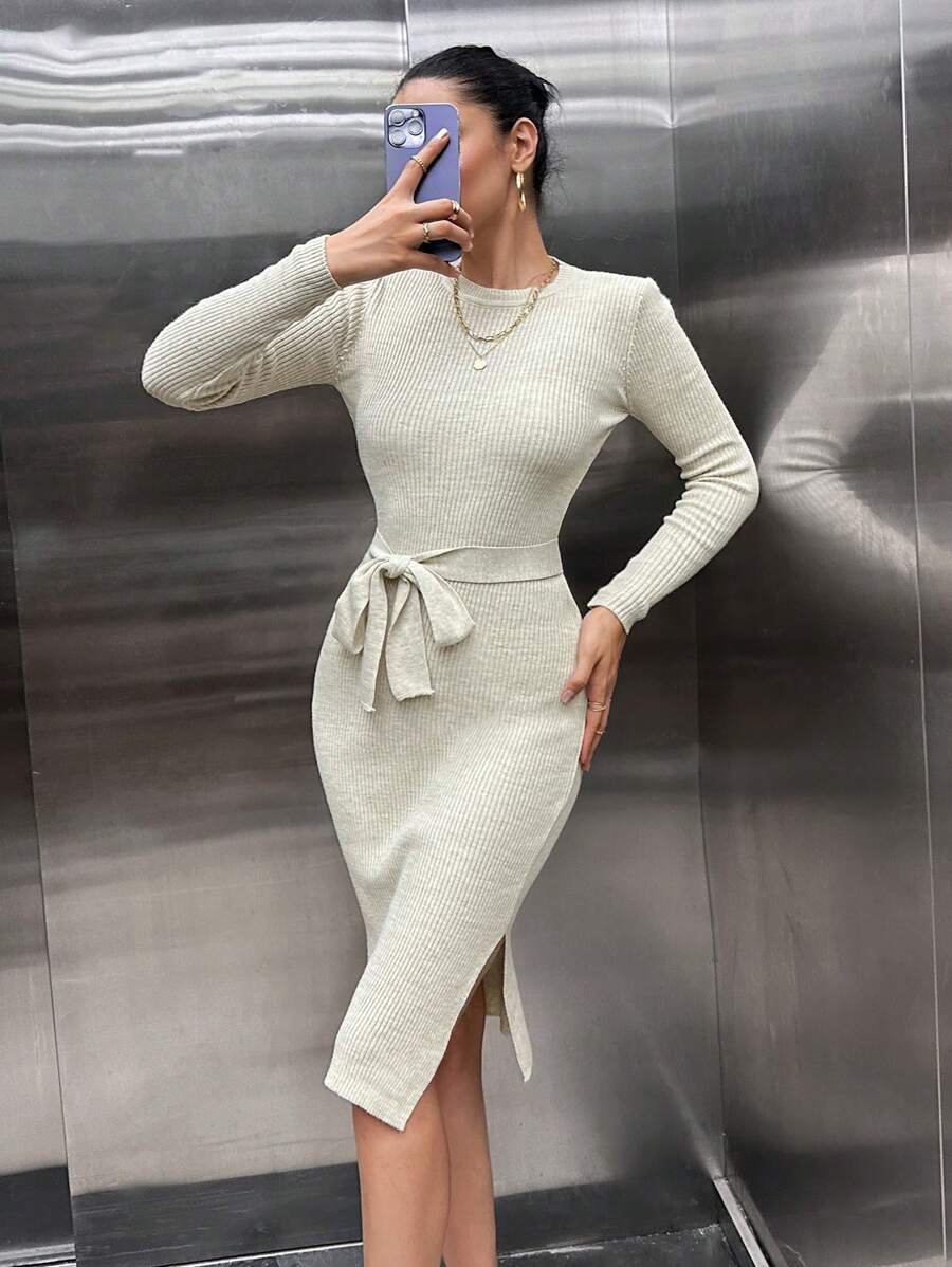 SHEIN Cottnline Women Bodycon Sweater Midi Dress With Belt Detail - Beige - View 1