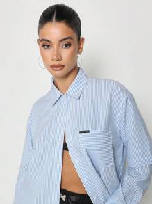 SUMWON WOMEN Street Double Layer Pinstripe Shirt With Embroidered Design
