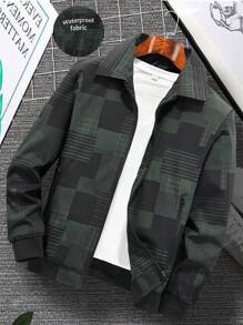 Manfinity Homme Men's Turn-Down Collar Zipper Outdoor Windbreaker Jacket, Plaid Print