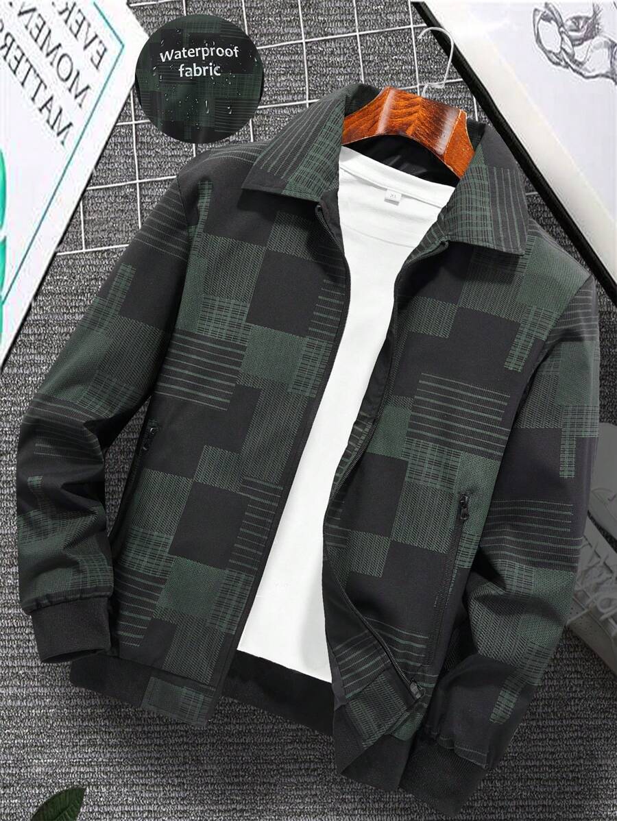 Manfinity Homme Men's Turn-Down Collar Zipper Outdoor Windbreaker Jacket, Plaid Print