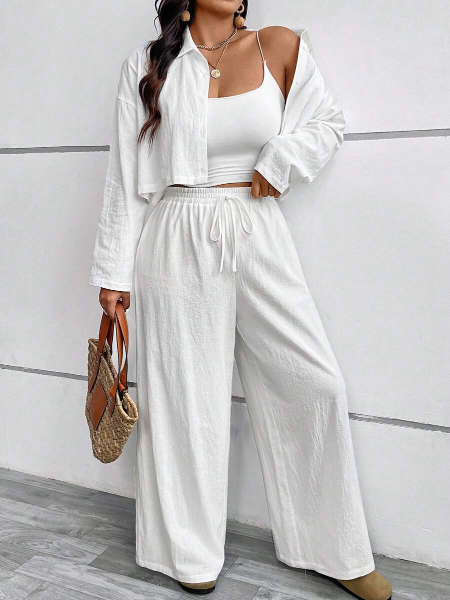 SHEIN VCAY 大码纯色长袖衬衫和宽松系带前长裤两件套 - 白色 - 查看 1