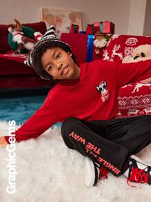 2pcs/Set Tween Boys Christmas Dog Pocket Hoodie Sweatshirt And Sweatpants Christmas Set