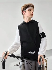 SHEIN 2 件套青少年男孩连帽印花口袋运动舒适自由训练夹克和圆领长袖上衣套装，秋冬季