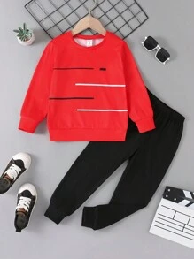 2 件装男童休闲牛奶丝绒圆领长袖 T 恤和裤子套装 - 彩色 - 查看 1