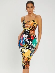 SHEIN SXY Allover Print Backless Bodycon Dress - Multicolor - View 1