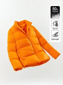 SHEIN SXY Women's Solid Color Zip-Up Collar Casual Down& Feathers Jacket, Winter