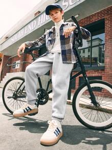 SHEIN 2 件套男童优雅格子衬衫搭配运动裤，适合秋冬季外出 - 灰色 - 查看 3