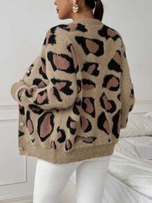 Chiquease Áo Cardigan nữ tay dài rộng rãi họa tiết da báo thu đông - Màu Khaki - Xem 2