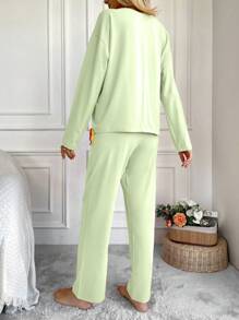 RueChic Women's Solid Color Crew Neck Long Sleeve Pajama Set - Mint Green - View 2