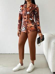 Zolique Women's Bohemian Style Lapel Neck Long Sleeve Jacket And Pants Suit Fall Two Pieces Set - Multicolor - View 5