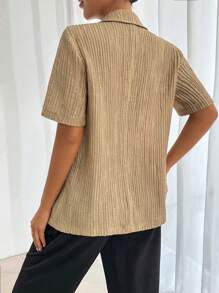 SHEIN LUNE 夏季休闲纯色纹理短袖西装外套 - 卡其色 - 查看 2