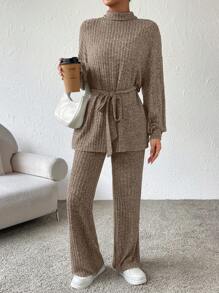 SHEIN Essnce 2 件套女士休闲宽松长袖上衣和裤子套装，秋季 - 摩卡棕 - 查看 3