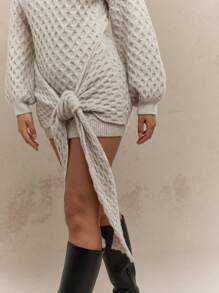 MISSGUIDED Winter Long Sleeve Knitted Sweater Dress Designer Statement Side Tie Mini Length Fashion Forward Fall Holiday Party Casual Elegant - White - View 3