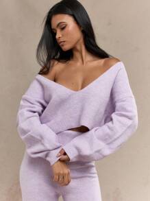 MISSGUIDED Cozy Loungewear Knitted Two Piece Set Fall Winter Co-Ord Plunge Off Shoulder Long Sleeve Sweater Wide Leg Pants Tracksuit