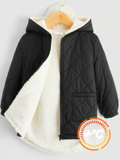 SHEIN 少女黑色纯色撞色连帽羊毛夹克，带口袋