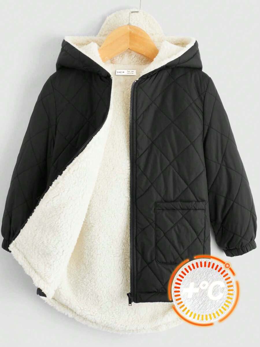 SHEIN Teen Girls Black Solid Color Contrast Hooded Fleece Jacket With Pockets,In Fall/Winter - Black - View 1